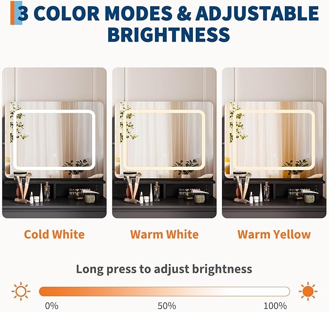 Vanity Desk with Mirror and Lights - 36" Vanity Table Set with 4 Drawers, Power Outlet, USB Ports, Stool, Dressing Table with 3 Lighting Color Adjustable for Bedroom, Women,