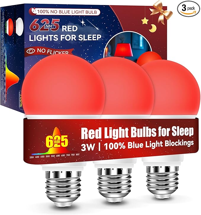 Neporal 625nm Red Light Bulbs for Sleep 3W, 100% Blue Light Blocking Light Bulbs for Melatonin Promoting, A19 LED 40W Equivalent Soft Red Night Light Bulb for Baby Nursery, Sleeping, Reading, 3-Pack