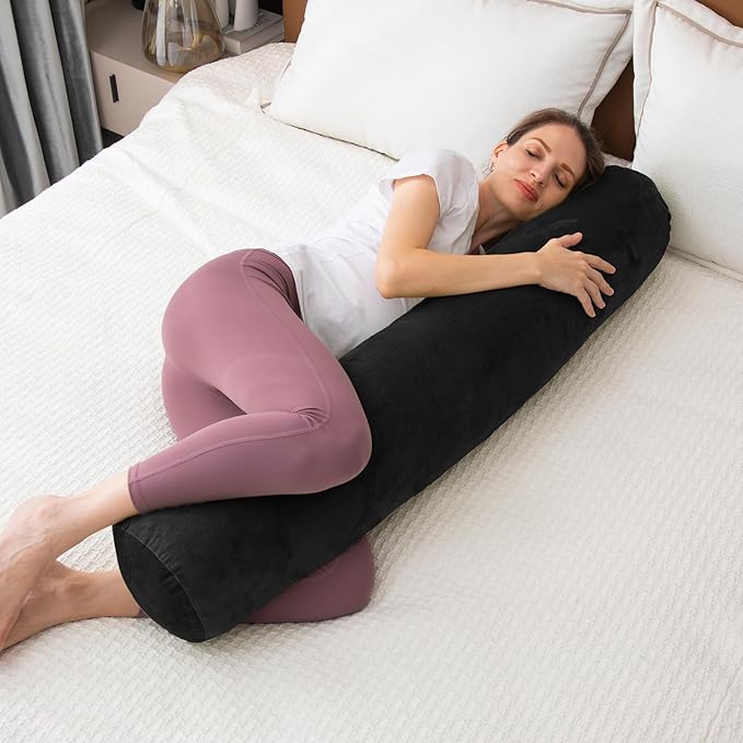 1 MIDDLE ONE Round Body Pillow for Adults, Long Bolster Pillow for Bed with Removable Velvet Cover, Decorative Tube Roll Cylinder Pillow, 47 x 7.87 Inch, Black