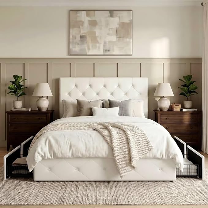 Allewie Upholstered Full Size Platform Bed Frame with 4 Storage Drawers and Headboard, Diamond Stitched Button Tufted, Mattress Foundation with Wooden Slats Support, No Box Spring Needed, White