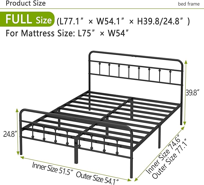 Kujielan Metal Bed Frame - Structurally Stable Heavy Duty Steel Slat Supported Full Bed Frames,No Box Spring Needed for Easy Removal and Transport.