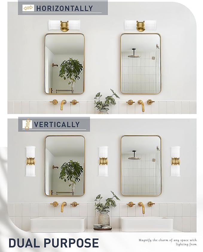 Gold Sconce Wall Lighting, HWH Indoor Bathroom Sconces with Frosted White Bell-Shaped Glass, Up and Down Vanity Lights Fixtures for Bathroom, Gold Finish, 5HZG106B-2W BG-ML