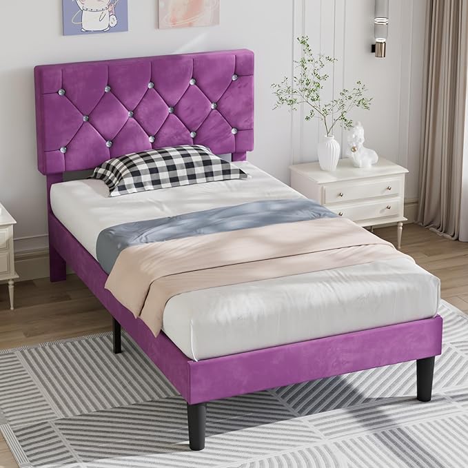 VECELO Twin Size Bed Frame, Upholstered Platform with Adjustable Diamond Tufted Headboard, Wood Slat Support, No Box Spring Needed, Purple