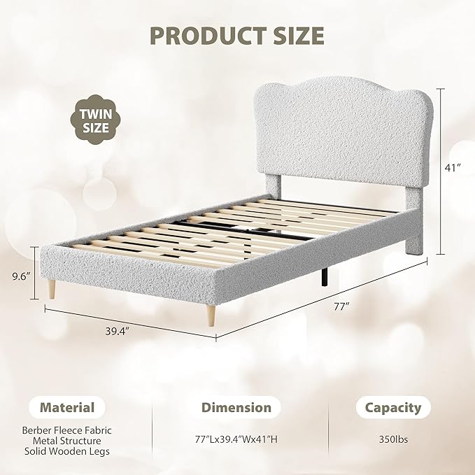 GarveeHome Upholstered Twin Size Bed Frame for Kids with Scallop Headboard, Cute Velvet Twin Bed for Girls, Boys, Sturdy Platform Bed, No Box Spring Needed, Wooden Slats, Noise Free, Light Grey