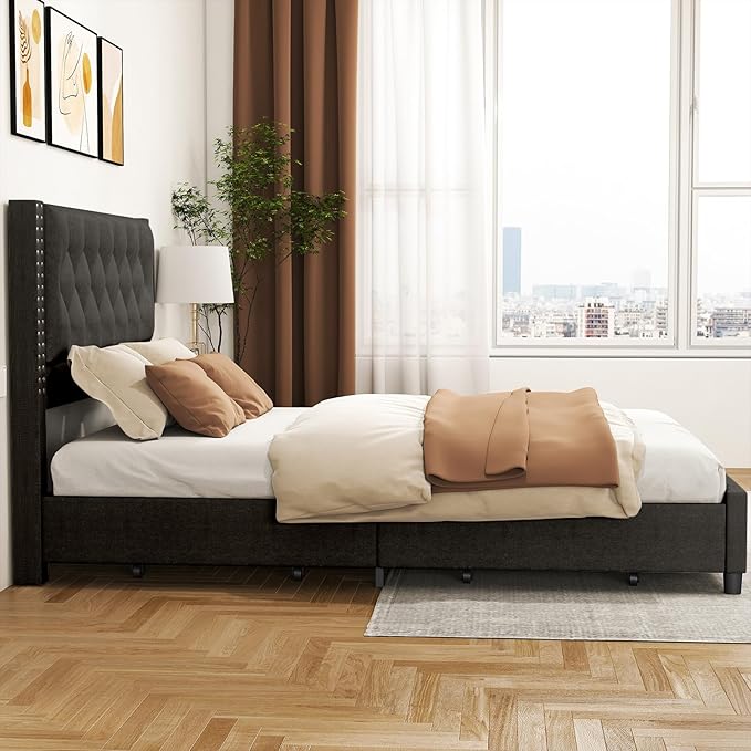 EVLIQUIL Bed Frame Queen Size with 4 Storage Drawers, Upholstered Headboard & Frame, Sturdy Metal Frame & Wood Slats, Platform Bed Frame No Box Spring Needed, Easy Assembly, Black