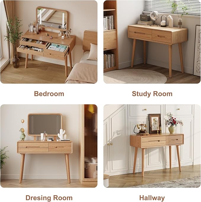 Solid Wood Vanity with Mirror and Lights, Adjustable Brightness, Wood Makeup Vanity with 3 Drawers, Semi-Assembled, Vanity Desk for Bedroom (Natural)