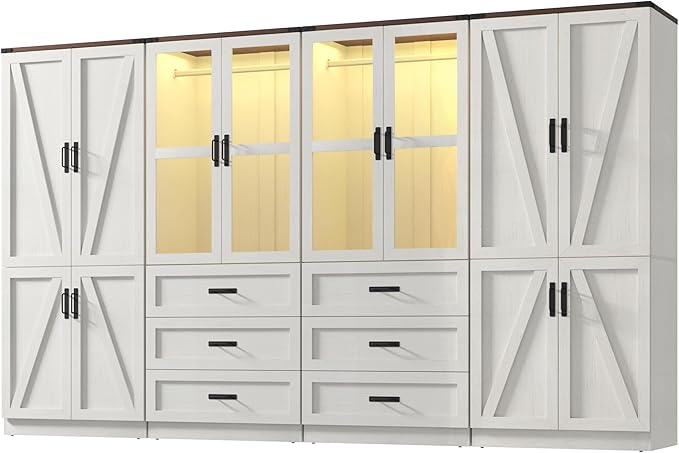 75" Tall Farmhouse 8 Doors Armoire Wardrobe Closet with 6 Drawers and LED,Freestanding Closet Wardrobe Cabinet for Bedroom with Hanging Rod,Wooden Armoire Storage Cabinet(Rustic Off White 8 Doors)