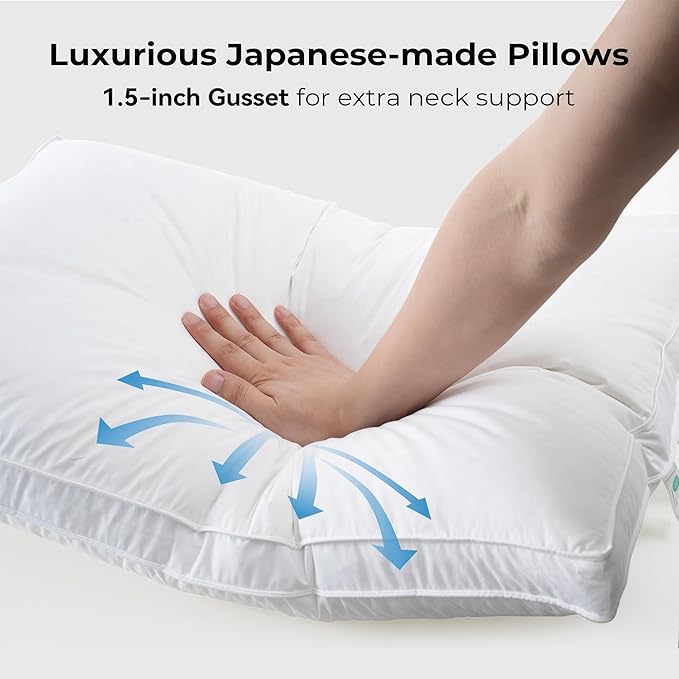UNIKOME White Goose Down Feather Gusseted Pillows - 100% Cotton Cover - King Size Pillow Set of 2, Made in Japan Pillow for Sleeping