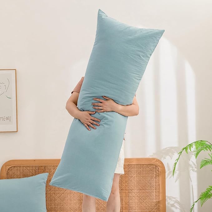 BESTOUCH 100% Washed Cotton Pillowcase for Hair and Skin Linen Feel Soft Comfortable Breathable 1 Pcs Pillow Case with Envelope Closure Solid Hushed Green Body 20x54 Inches