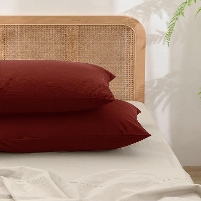 BESTOUCH 100% Washed Cotton Pillowcase for Hair and Skin Linen Feel Soft Comfortable Breathable 2 Set Pillow Case with Envelope Closure Solid Fired Brick Red Queen 20x30 Inches