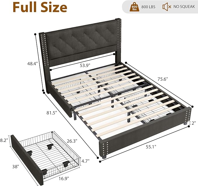 EVLIQUIL Bed Frame Full Size with 4 Storage Drawers, Upholstered Headboard & Frame, Sturdy Metal Frame & Wood Slats, Platform Bed Frame No Box Spring Needed, Easy Assembly, Black