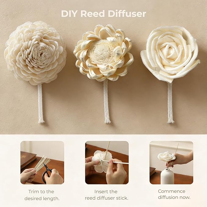 Reed Diffuser Flower Sticks, Sola Wood Flowers & Rattan Diffuser Sticks, Home Bathroom Aromatherapy Decor, 7pcs Sola Flowers 10 pcs Diffuser Rattan (2-3.5 Inches, White)