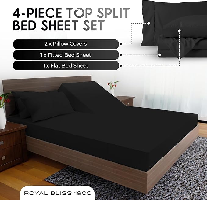 Top Split King Sheets Sets for Adjustable Bed, 4 Pcs Deep Pockets Double Brushed Microfiber Sheets, 34 Inch Split Top Fitted Sheet, 1 King Flat Sheet and 2 Pillowcases (Black)
