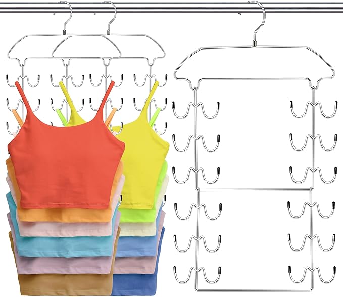 3 Pack Tank Top Hangers Space Saving, Dorm Room Essentials, Metal 360° Swivel Closet Organizers and Storage with 72 Hooks for RV Apartment Small Space Solutions, Non-Slip Foldable Sport Bra Holder