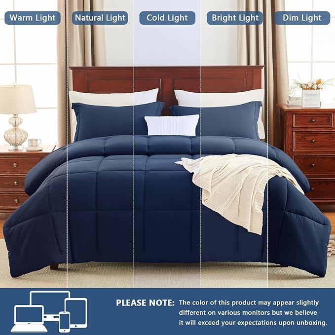 CozyLux Queen Comforter Set - 270GSM Navy Blue Bedding Sets for All Seasons, 3 Pieces Box Stitched Bed Set with 1 Down Alternative Comforter and 2 Pillow Shams, Soft, Lightweight, Breathable