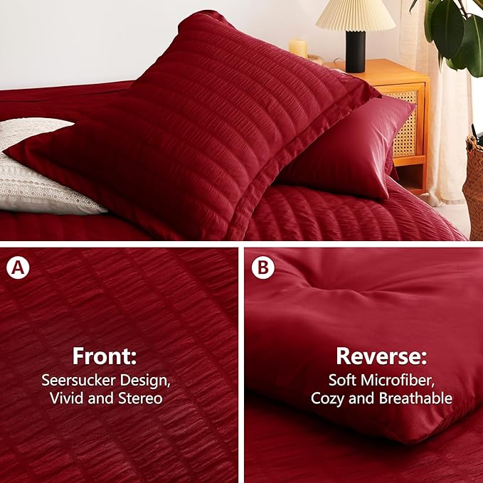 CozyLux Twin Comforter Set with Sheets 5 Pieces, Dark Red Seersucker Textured Bed in a Bag for Bedroom, Luxury Soft Bedding Sets with Down Alternative Comforter, Sheets, Pillowcase & Sham All Seasons