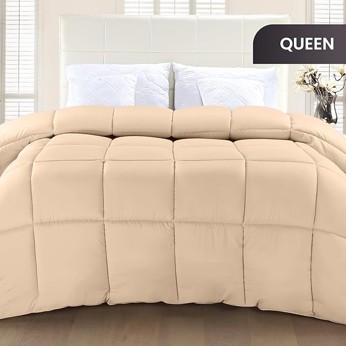 Utopia Bedding Queen Comforter Duvet Insert, Quilted Beige Comforter with Corner Tabs, Box Stitched Down Alternative Comforters Queen Size 88 x88 inches