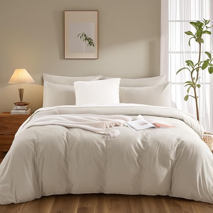 NEXHOME PRO 100% Washed Cotton Duvet Cover King Size, Ogranic Natural Linen Feel Breathable Bedding Set with Zipper Closure, 3 Pieces Duvet Cover Set Linen (No Comfortert) 10490