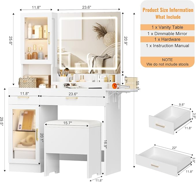 KAMABOKO Vanity Desk with Mirror, LED Lights and Power Outlet, Makeup Vanity Table with Cabinet and 2 Drawers, Dressing Table with Stools for Bedroom (White)