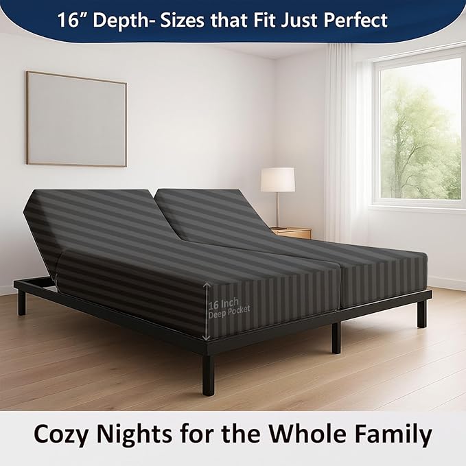 5 Piece Split Queen Sheet Set, 100% Egyptian Cotton, 16 Inch Deep Pockets, Dark Grey Stripe, Soft Cooling Sheets for Adjustable Beds, Sleep Number Beds, Split Queen Mattress Sheet Set
