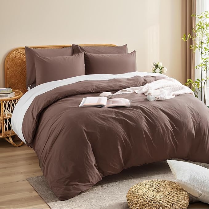 NEXHOME PRO Full Duvet Cover Set – 100% Certified Organic Cotton with Washed Feel & Linen-Like Texture, Comfortable & Breathable, Home Bedding Set Dark Brown (No Comforter)