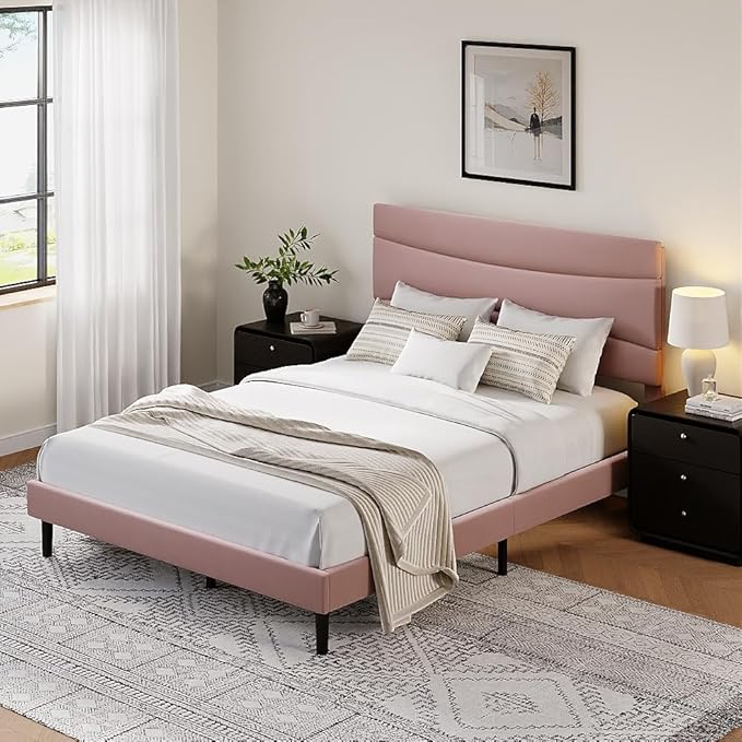 GarveeHome Queen Modern Upholstered Bed Frame with Soft Padded Headboard,Sturdy Metal Steel Slat Support, Noise-Free Quiet Design,Easy Assembly,Heavy Duty Stable Bed Frame(Pink)