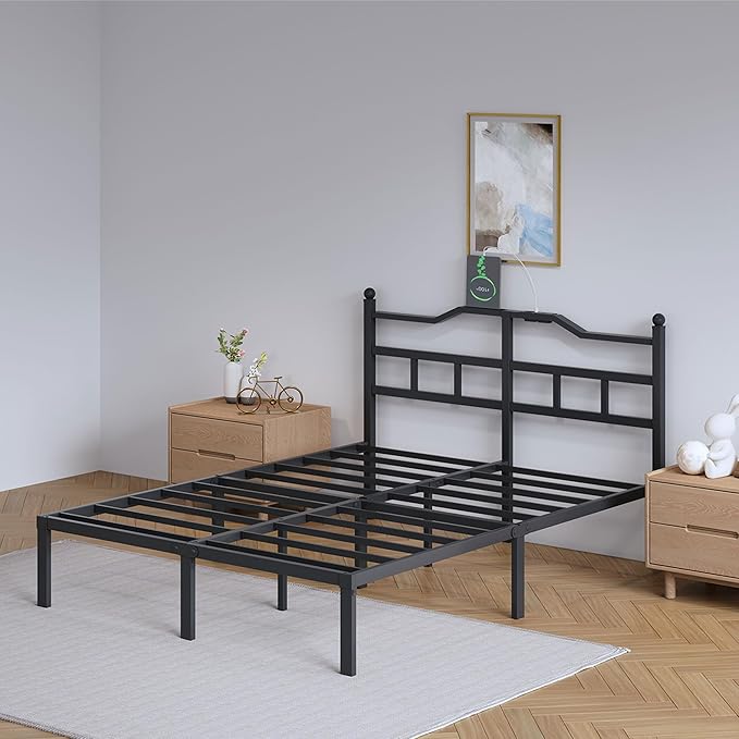 SHOANED Bed Frame with Charging Station - 14 Inch Queen Size Heavy Duty Metal Bedframe with Headboard Black Basic Steel Slats Platform No Box Spring Needed