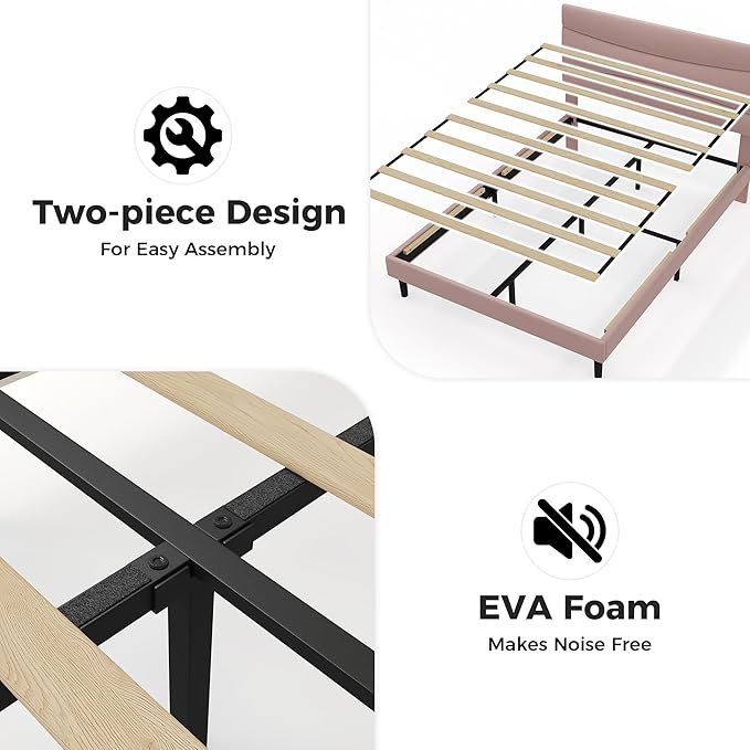 GarveeHome Full Modern Upholstered Bed Frame with Soft Padded Headboard,Sturdy Metal Steel Slat Support, Noise-Free Quiet Design,Easy Assembly,Heavy Duty Stable Bed Frame(Pink)
