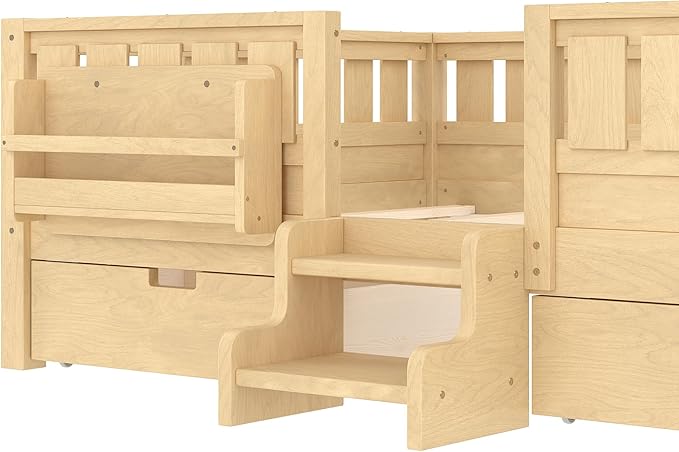 Bellemave Full Size Bed Frame with Storage Drawers & Bookshelf, Low Profile Kids Bed with Staircase & Full Length Guardrails, Solid Wood Full Size Bed Frame Kids with Slats Load 450 LBS, Natural