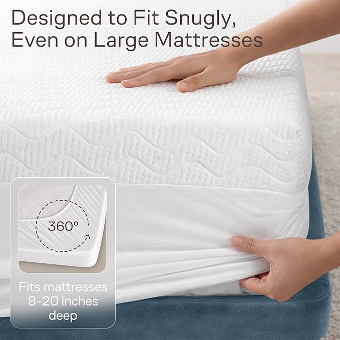 Side-Shield Waterproof Mattress Protector King - 6-21" Deep Pocket with Leak-Proof Edge Protection - Noiseless & Cooling Soft-Touch Viscose Made from Bamboo - Machine Washable (White)