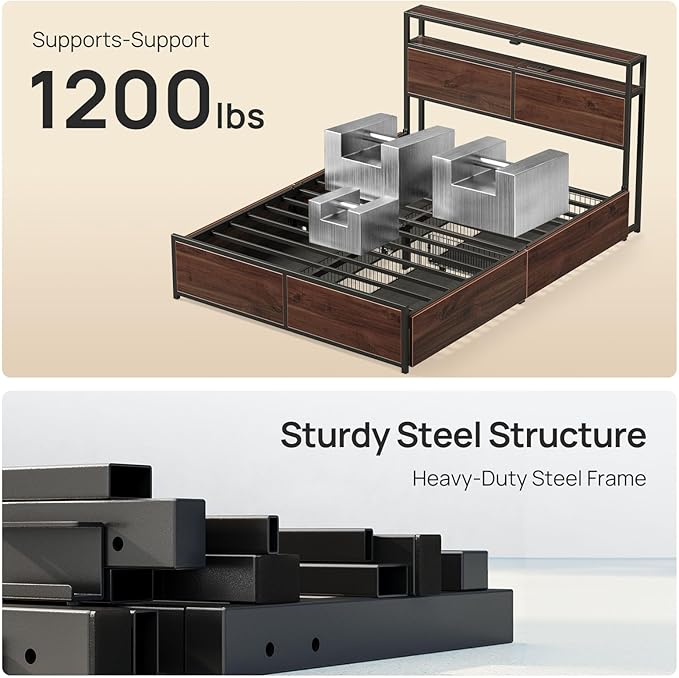 Rolanstar Full Size Bed Frame with 4 Storage Drawers, Charging Station and LED Lights, Metal Platform Bed with 2-Tier Storage Headboard, No Box Spring Needed, Easy Assembly, Noise-Free, Walnut