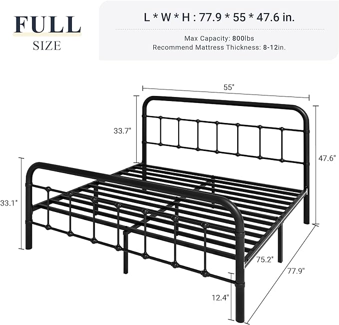 Allewie Full Size Metal Platform Bed Frame with Victorian Style Wrought Iron-Art Headboard/Footboard, No Box Spring Required, Black