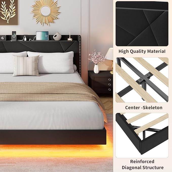 Garvee Full Size Floating Bed Frame with RGB LED Lights and Charging Station, Upholstered Platform Bed with Storage Headboard and Button Tufted Design, No Box Spring Needed, Black