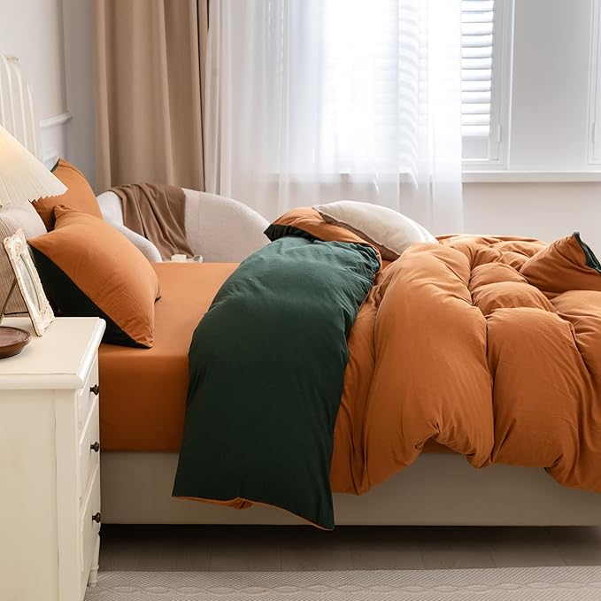 PURE ERA Jersey Knit Duvet Cover Set 100% T-Shirt Cotton Super Soft Comfy 3pc Bedding Set with Zipper Closure (Solid Forest Green/Burnt Orange, Queen)