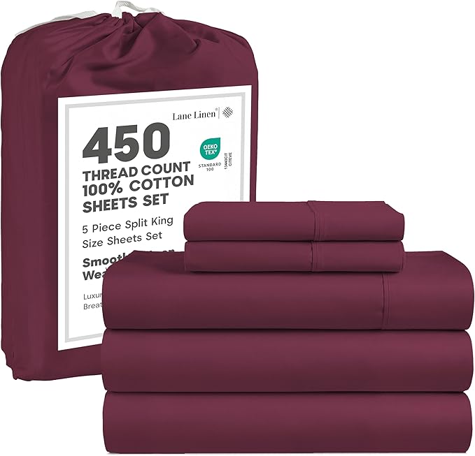 LANE LINEN Split King Sheet Sets for Adjustable Beds - 5 PCs, 450 Thread Count Split King Sheets Set - Sateen Weave King Split Sheets - Split Top King Sheets Set for Adjustable Bed - Windsor Wine