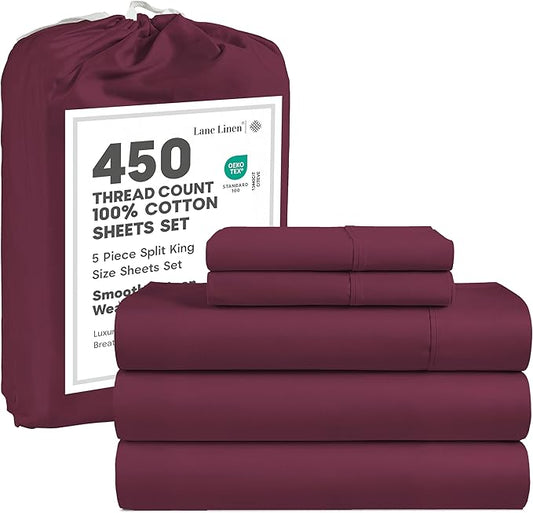 LANE LINEN Split King Sheet Sets for Adjustable Beds - 5 PCs, 450 Thread Count Split King Sheets Set - Sateen Weave King Split Sheets - Split Top King Sheets Set for Adjustable Bed - Windsor Wine