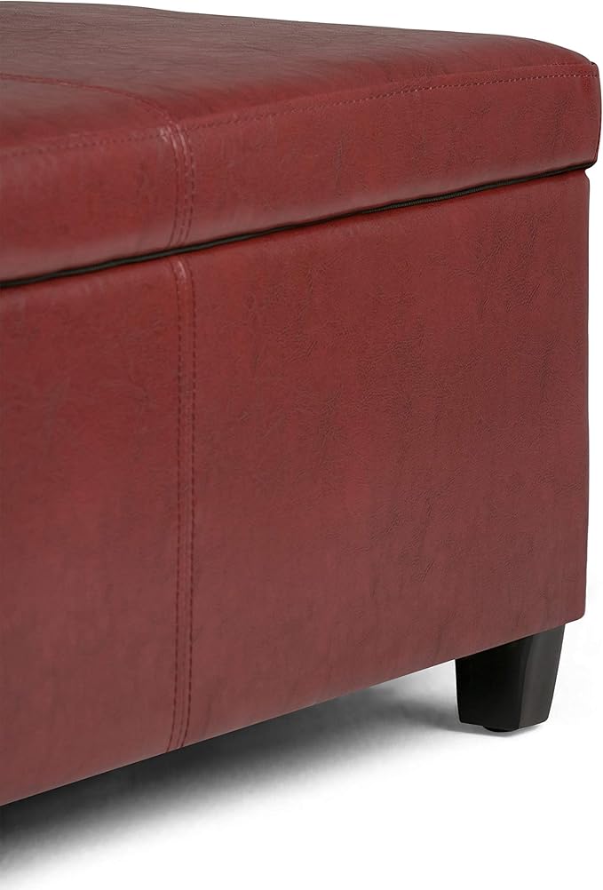 SIMPLIHOME Avalon Storage Ottoman Bench - 48" Wide x 16" High Upholstered Vegan Leather Rectangular Lift-Top Ottoman in Red, Contemporary Storage Bench for Living Room with High-Density Foam