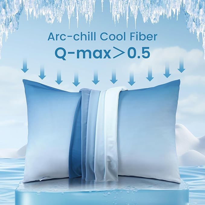LUXEAR Cooling Pillow Cases, 2 Pack Queen Size Arc-Chill Q-max > 0.5 Gradient Cool Pillowcases for Hair Skin,Breathable Silky Cooling Summer Pillow Cover for Hot Sleepers & Night Sweats- Gradient Blue