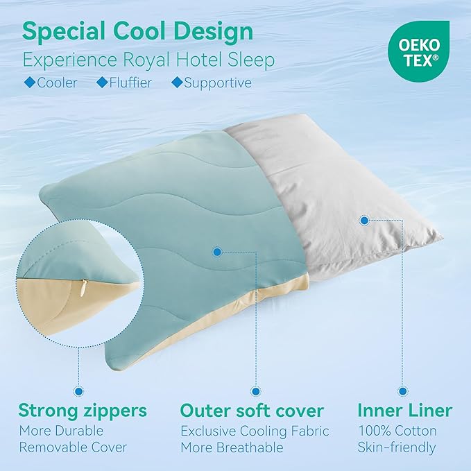 Three Geese Cooling Goose Down Feather Pillows Standard Size Set of 2 for Hot Sleepers, Q-Max>0.45, Cool Hotel Bed Pillows with Washable Removable Cover, 20" x 26"