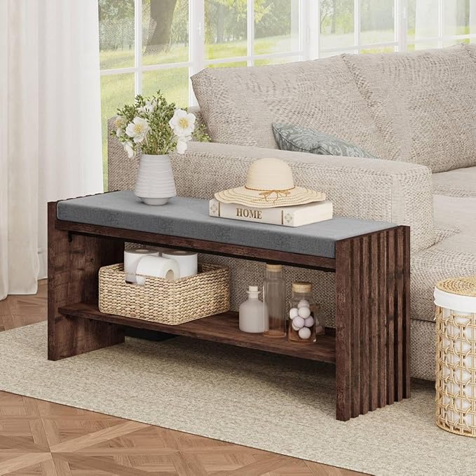 BON AUGURE 40" Storage Bench with Plush Cushion & 2-Tier Organizer, Modern Entryway Ottoman Bench for Hallway, Mudroom, Bedroom (Rustic Oak)