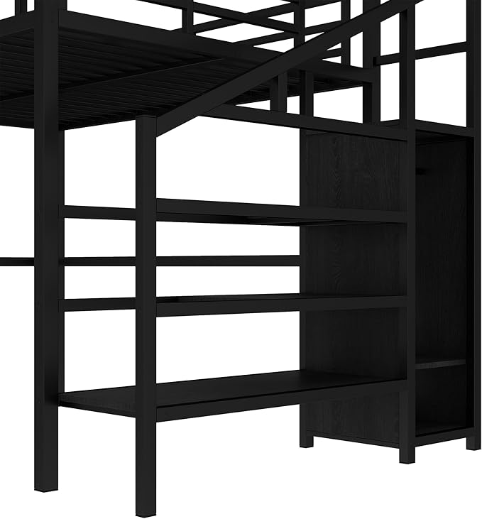 Queen Size Loft Bed with Desk and Wardrobe, Metal Heavy Duty Loft Bed with Storage Stairs, LED Lights, USB Port, LoftBed Frames for Kids, Junior, Space Saving, Noise Free (Black, Queen)