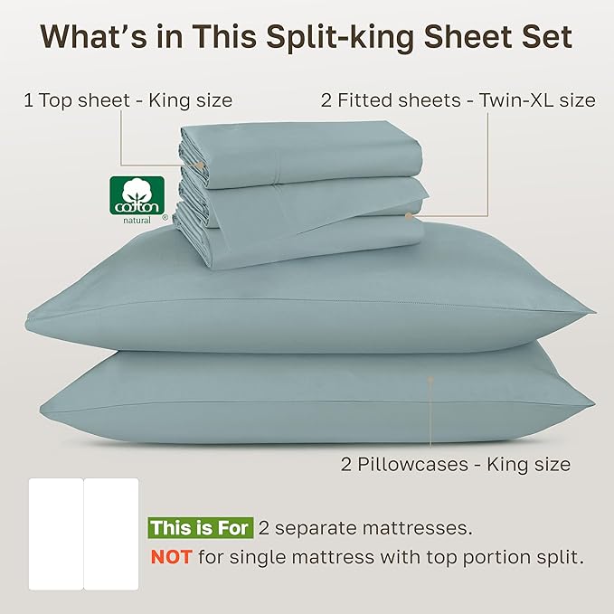 CALIFORNIA DESIGN DEN Authentic Soft Split King Sheets, 800 Sateen 100% Cotton, Cooling Than Egyptian Cotton Sheets, Split King Size Cotton Sheets Set 5 Pc Set with Deep Pockets No Pop-Off (Soft Teal)
