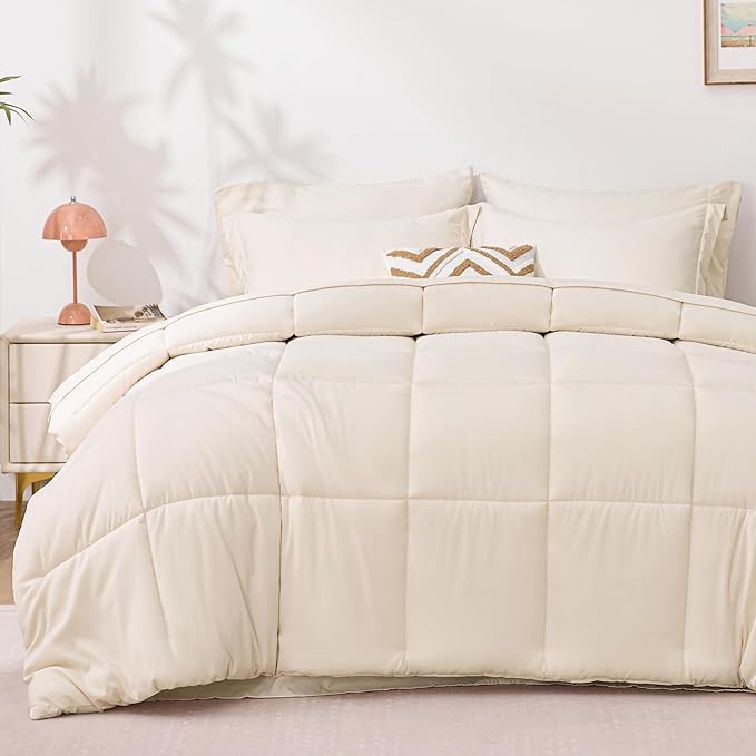 Love's cabin Twin XL Comforter Set Beige, 5 Pieces Twin XL Bed in a Bag, All Season Bedding Sets with 1 Comforter, 1 Flat Sheet, 1 Fitted Sheet, 1 Pillowcase and 1 Pillow Sham | Soft, Breathable, Lightweight, Comfortable