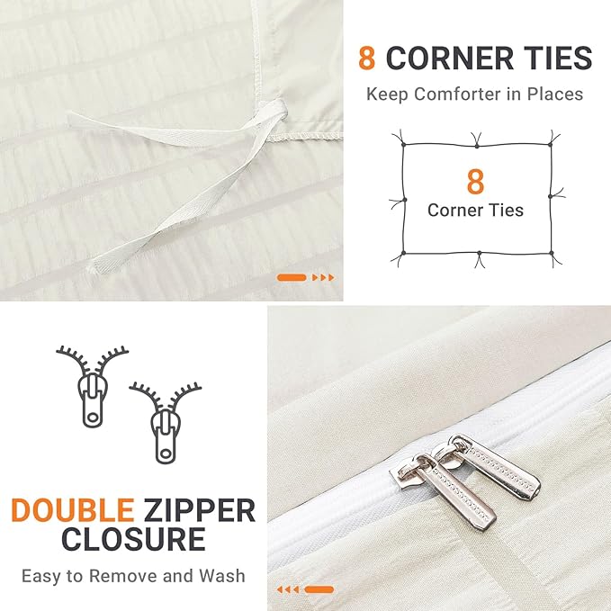 HYMOKEGE Ivory Duvet Cover Queen Size, Ultra Soft 3-Piece Seersucker Duvet Cover Set with Zipper Closure, Soft Brushed Microfiber Bedding Set with 8 Corner Ties (90"x90", 2 Pillowshams)
