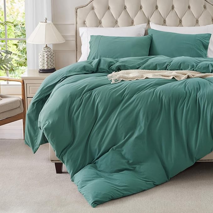 PURE ERA Jersey Knit Duvet Cover Set 100% T-Shirt Cotton Super Soft Comfy 3pc Bedding Set with Zipper Closure (Solid Teal Green, Cal King)