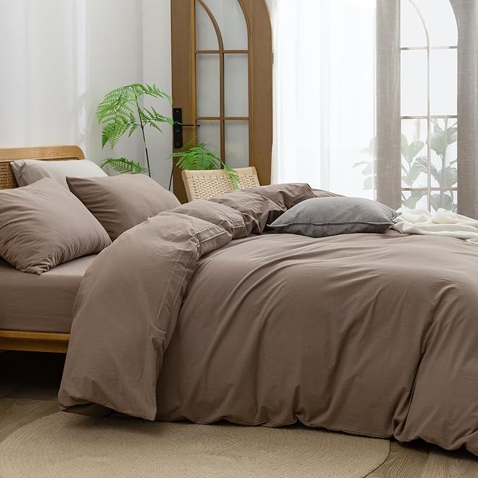 BESTOUCH Duvet Cover Set 100% Washed Cotton Linen Feel Super Soft Comfortable Chic Lightweight 3 PCs Home Bedding Set Solid Pine Bark Brown Alaska King