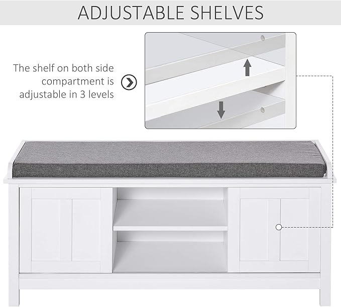 HOMCOM Entryway Shoe Bench Storage Ottoman with Sliding Doors, Adjustable Shelving, 6 Compartments, and Padded Seat, Holds 10 Pairs, White