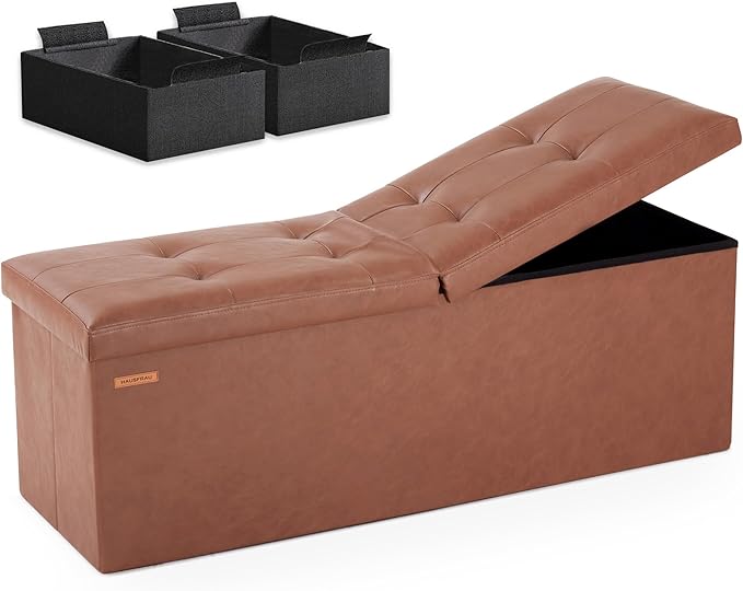 HAUSFRAU Storage Ottoman Bench with Flipping Lid, 43.3 Inches Storage Chest Footsrest, Folding Foot Stool for Entryway, Living Room, Bedroom, Synthetic Leather Retro Brown