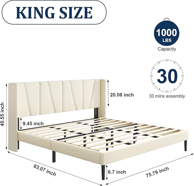 Sismplly King Bed Frame with Headboard, Velvet Upholstered King Size Platform Bed with Wingback, Mattress Foundation with Wooden Slat Support, No Box Spring Needed, Easy Assembly, Noise Free, Beige