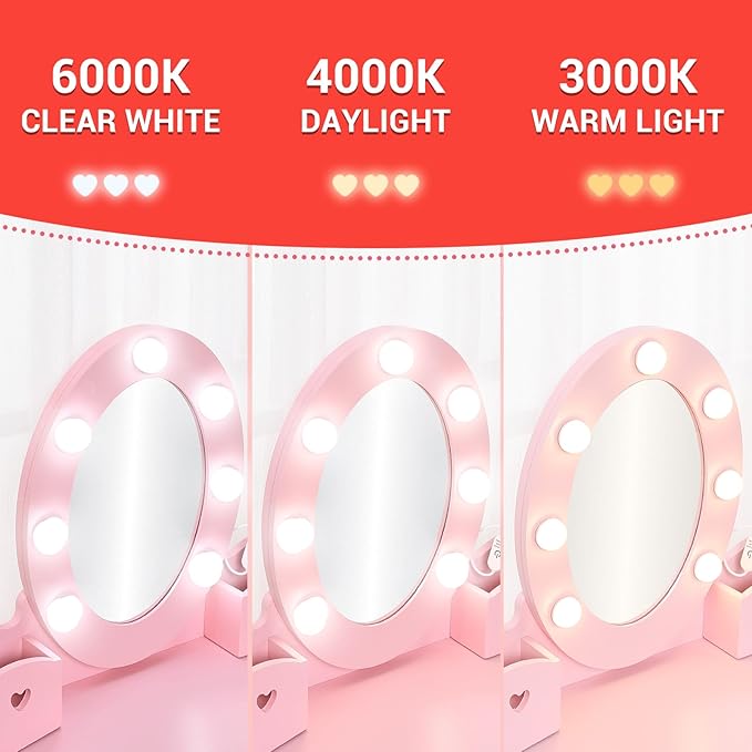 GarveeHome Kids Vanity with Lighted Mirror, Toddler Vanity Table and Chair Set, Girls Makeup Playset, Pink
